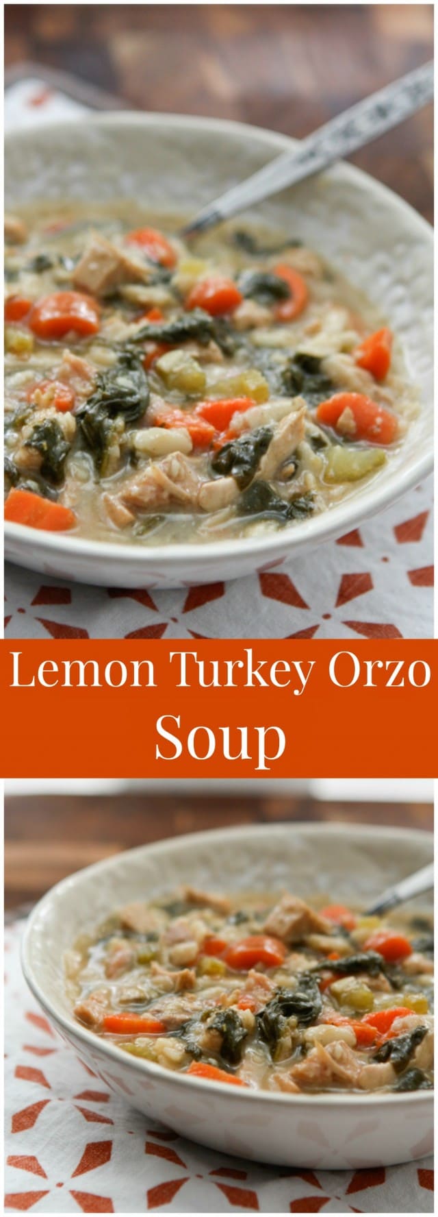 Use leftover cooked turkey (or rotisserie chicken) in this hearty and healthy Lemon Turkey Orzo Soup. Perfect to warm you up during the winter!