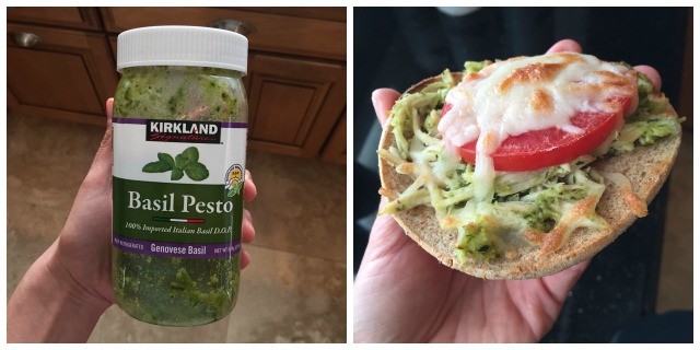 two picture collage; hand holding jar of Kirkland basil pesto; hand holding half of an English muffin topped with shredded chicken, pesto, and tomato with melted mozzarella cheese