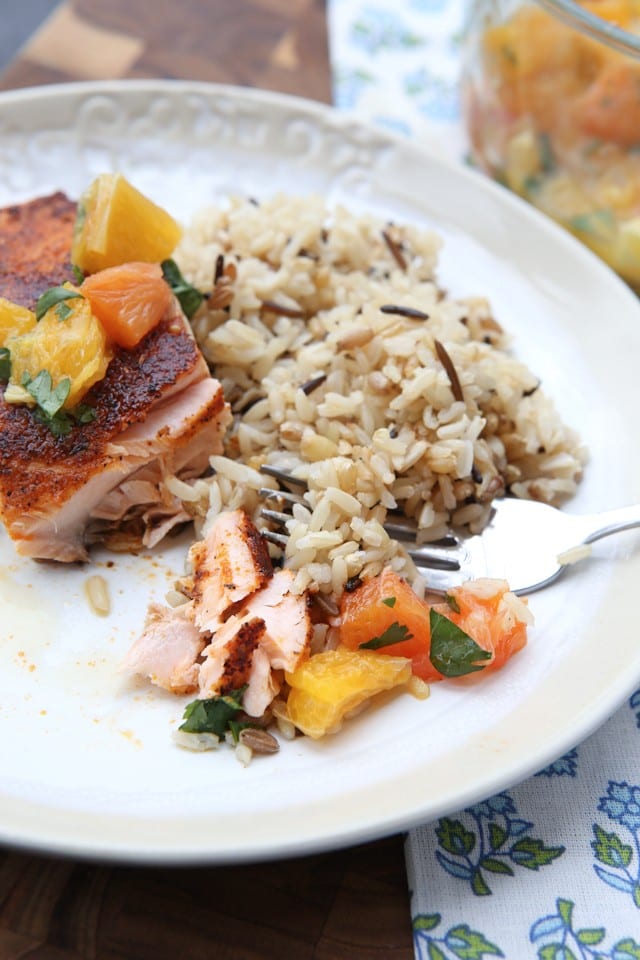 Blackened Salmon with Citrus Salsa is the perfect balance between spicy and sweet. Simple to prepare and makes a fresh, light dinner perfect for weeknights! Recipe via aggieskitchen.com