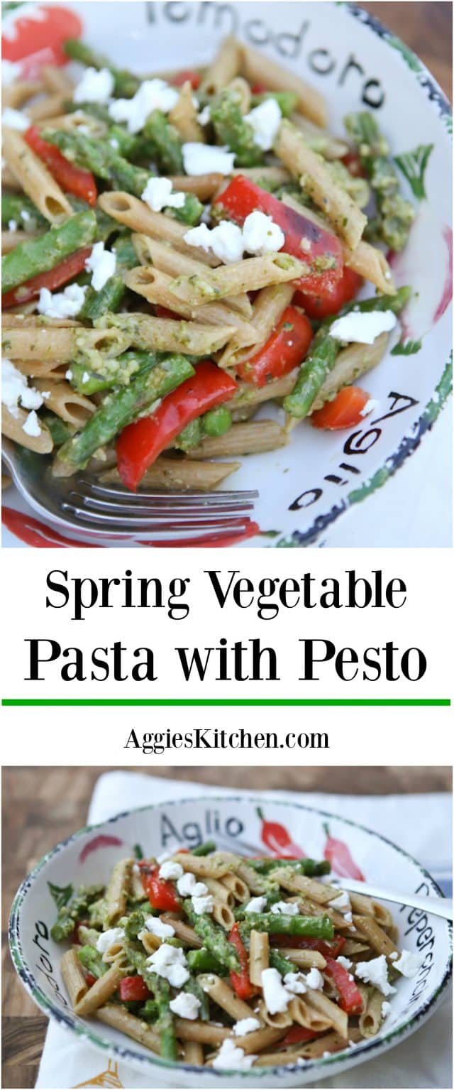 A delicious spring whole wheat pasta dish! Spring Vegetable Pasta with Pesto is bulked up with asparagus, red pepper and peas tossed in a light pesto sauce. Recipe via Aggie's Kitchen