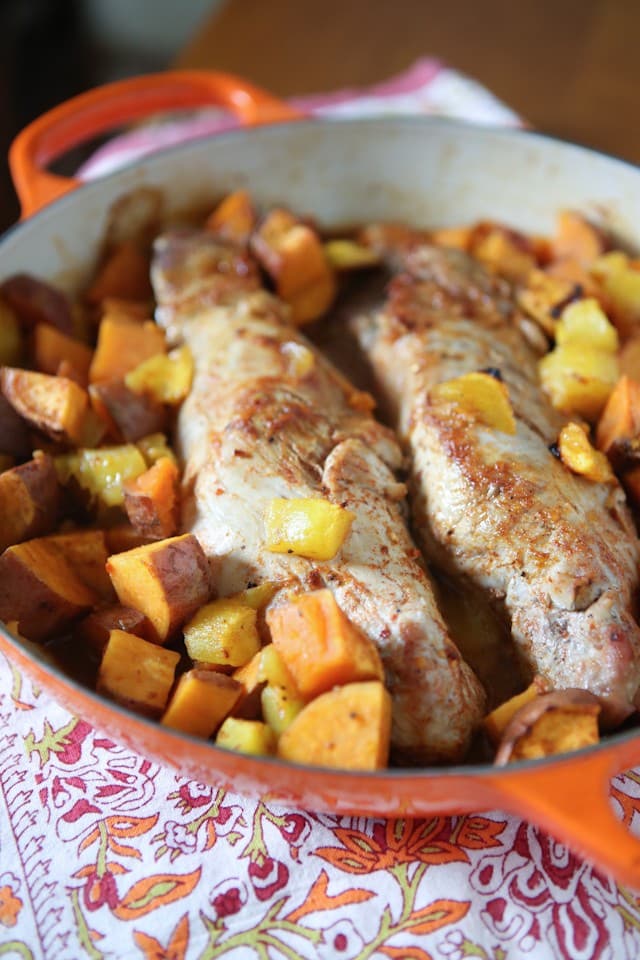 Maple Mustard Roasted Pork Tenderloin with Sweet Potatoes and Mango from aggieskitchen.com