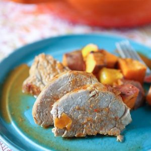 Maple Mustard Roasted Pork Tenderloin with Sweet Potatoes and Mango from aggieskitchen.com