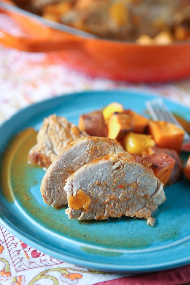Maple Mustard Roasted Pork Tenderloin with Sweet Potatoes and Mango