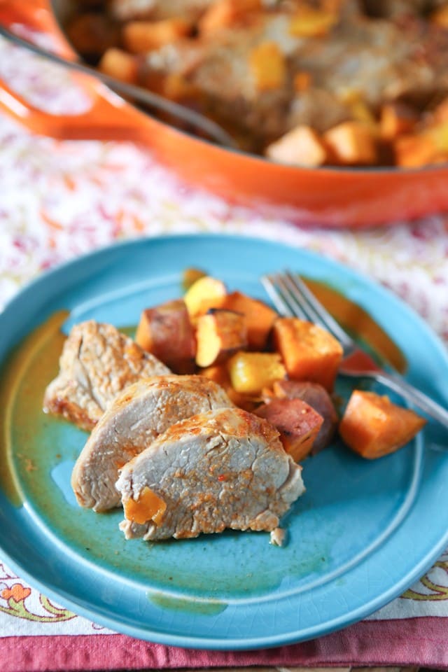 Maple Mustard Roasted Pork Tenderloin with Sweet Potatoes and Mango from aggieskitchen.com 