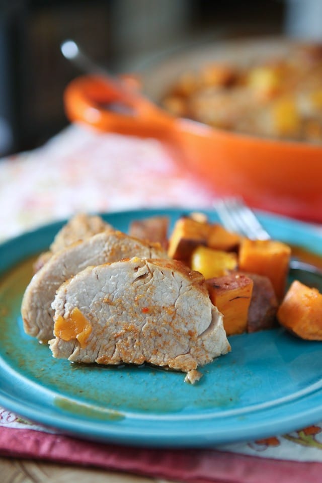 Maple Mustard Roasted Pork Tenderloin with Sweet Potatoes and Mango from aggieskitchen.com