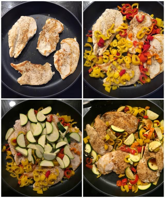 four picture collage: skillet with chicken; skillet with chicken and red, green, and yellow peppers on top; skillet with chicken, peppers, and zucchini; skillet with chicken, peppers, and zucchini fully cooked