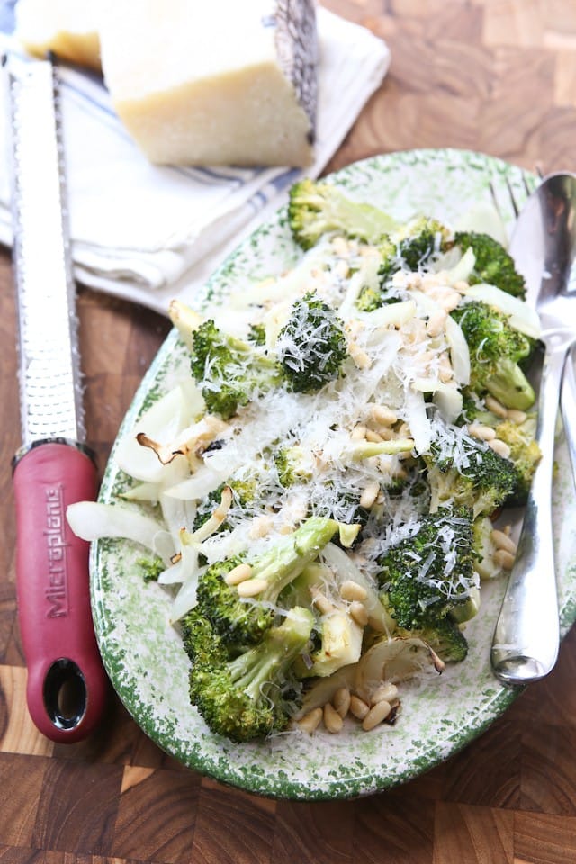 Grilled Broccoli and Vidalia Onion with Pine Nuts and Fresh Parmesan Cheese