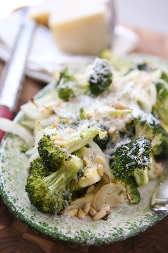 Grilled Broccoli and Vidalia Onion with Pine Nuts and Fresh Parmesan Cheese