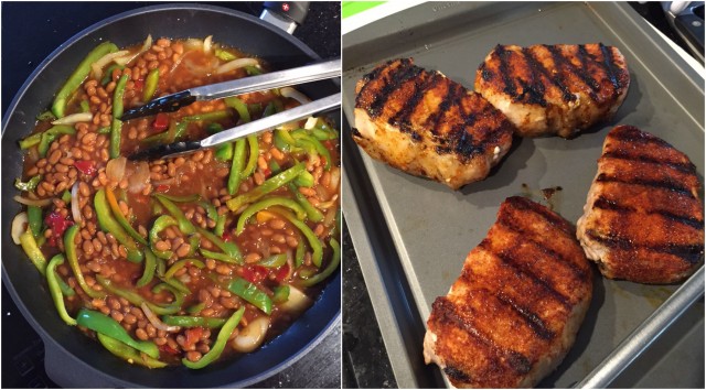 Grilled Pork Chops smothered in a special sauce made with baked beans, peppers and onions. So flavorful and an easy dinner to make - perfect for grilling season!