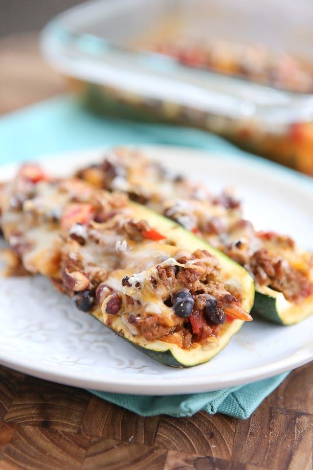 Leftover Chili Stuffed Zucchini Boats - great way to use up leftover chili, low carb and very filling. Great for anyone trying to lose weight!