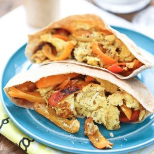 Simply sauteed bell peppers scrambled with eggs and mozzarella cheese. Stuff in a pita and you have breakfast, lunch or dinner!