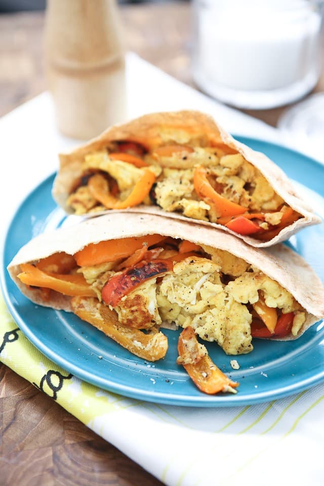 Simply sauteed bell peppers scrambled with eggs and mozzarella cheese. Stuff in a pita and you have breakfast, lunch or dinner!