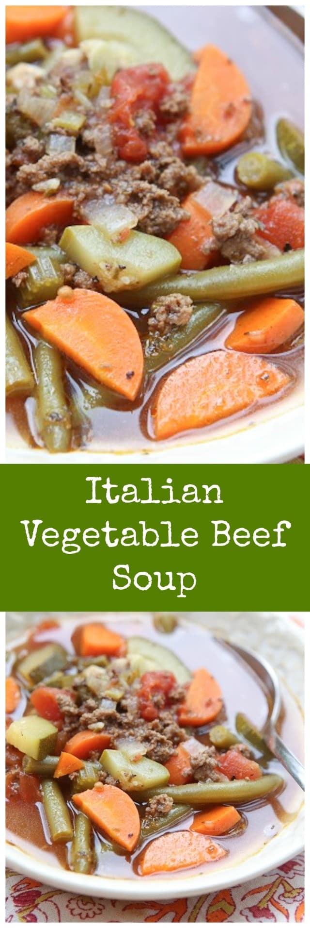 Healthy comfort food! Lean beef, vegetables seasoned with Italian herbs, this Italian Vegetable Beef soup can be served with or without pasta for an easy weeknight meal.