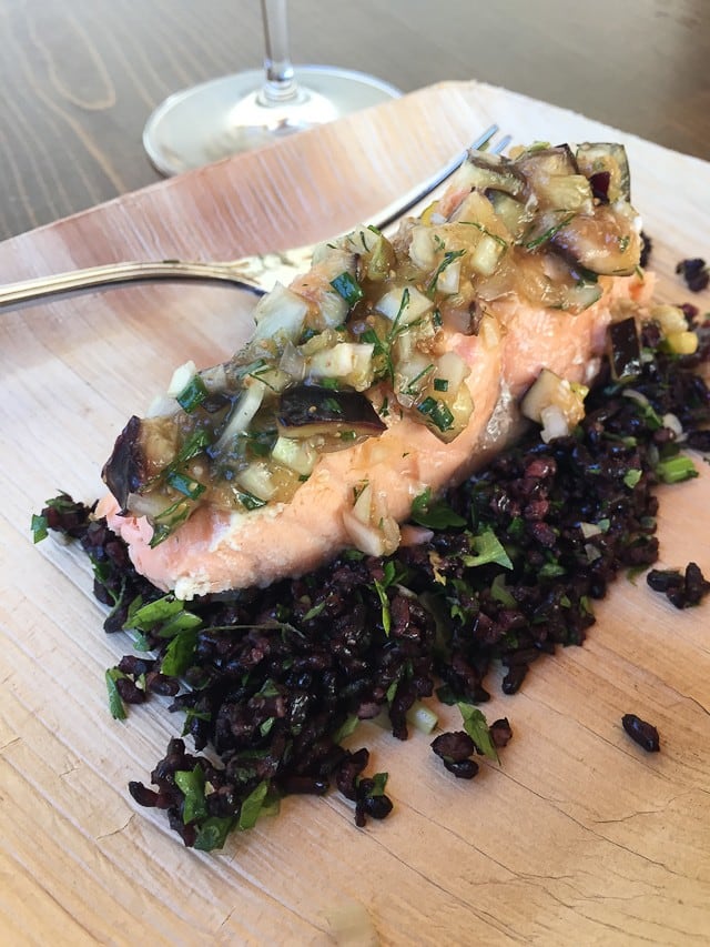 Roasted Salmon with Fig-Fennel Relish Herb Filled Forbidden Rice prepared by Pascale Beale