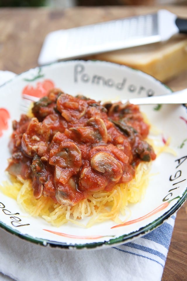 This Spaghetti Squash with Sausage and Mushroom Bolognese is a hearty low carb meal full of flavor!  One of my favorites.