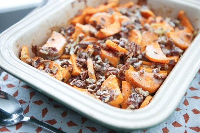 Switch up your sweet potato side dish with this Savory Sweet Potato Gratin with Pecans. A sweet-salty flavor combo with the addition of crunchy pecans makes puts this dish over the top delish! #ThinkFisher