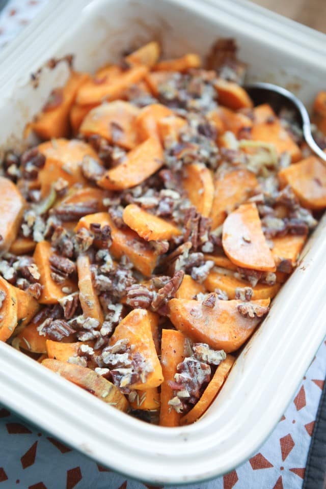 Switch up your sweet potato side dish with this Savory Sweet Potato Gratin with Pecans. A sweet-salty flavor combo with the addition of crunchy pecans makes puts this dish over the top delish! #ThinkFisher