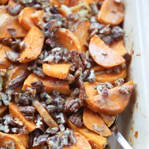 Switch up your sweet potato side dish with this Savory Sweet Potato Gratin with Pecans. A sweet-salty flavor combo with the addition of crunchy pecans makes puts this dish over the top delish! #fisherunshelled