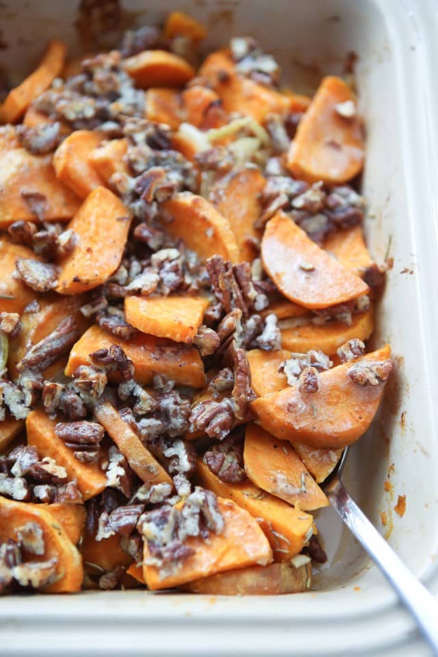 Switch up your sweet potato side dish with this Savory Sweet Potato Gratin with Pecans. A sweet-salty flavor combo with the addition of crunchy pecans makes puts this dish over the top delish! #ThinkFisher