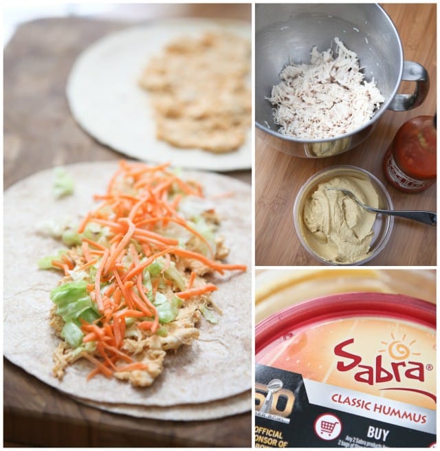 collage with three pictures: tortilla with the hummus chicken salad mix, lettuce, and shredded carrots; mixing bowl with chicken salad, container of hummus with spoon in it, and container of buffalo sauce; container of Sabra classic hummus