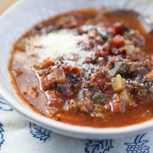 This beefy tomato soup is packed with vegetables - HEALTHY COMFORT FOOD right here! Beef Tomatoe Vegetable Soup Recipe via aggieskitchen.com