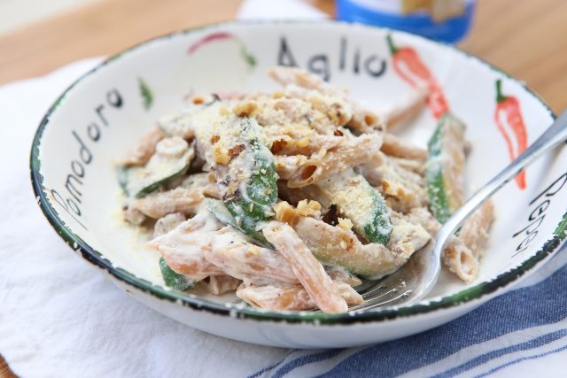 A childhood favorite of mine (with a twist) - Whole Wheat Pasta with Ricotta, Zucchini and Walnuts. Recipe via aggieskitchen.com #FisherUnshelled