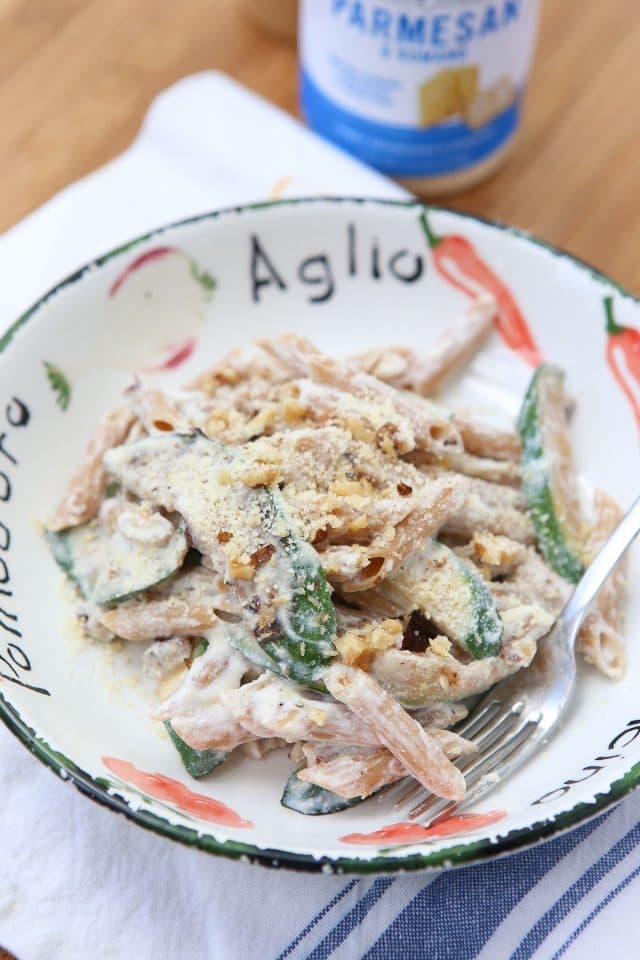 A childhood favorite of mine (with a twist) - Whole Wheat Pasta with Ricotta, Zucchini and Walnuts. Recipe via aggieskitchen.com #FisherUnshelled