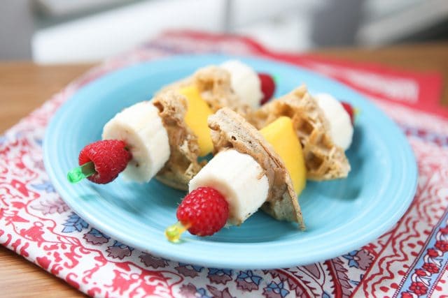 Fun breakfast idea for you and the kids! Breakfast Fruit Skewers (with whole grain waffles & nut butter) inspired by Produce for Kids.