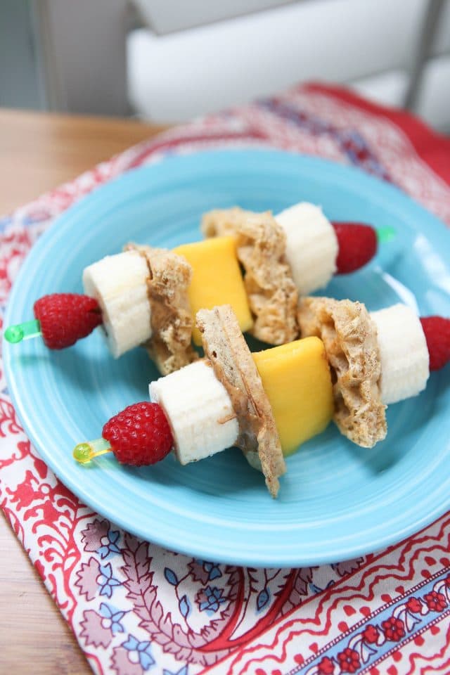 Fun breakfast idea for you and the kids! Breakfast Fruit Skewers (with whole grain waffles & nut butter) inspired by Produce for Kids.