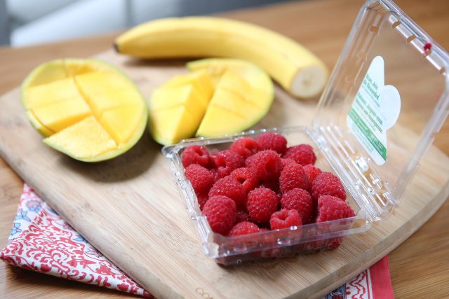 Fun breakfast idea for you and the kids! Breakfast Fruit Skewers (with whole grain waffles & nut butter) inspired by Produce for Kids.