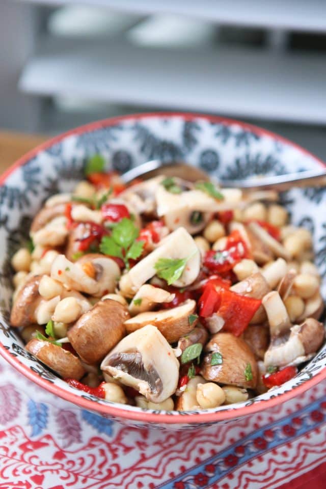 Bring this savory Marinated Mushroom and Chickpea Salad to your next picnic or barbecue! Enjoy on it's own as a vegetarian option, or as a side dish.