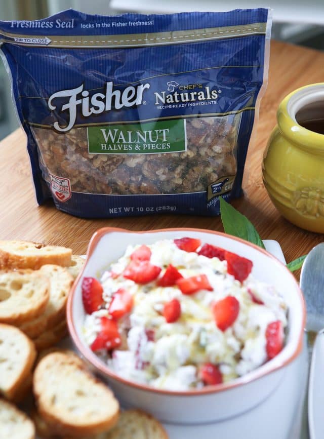 For your next summer get together! Strawberry Basil Goat Cheese Spread with Walnuts - served on crunchy toasts or crackers and drizzled with honey. So good! Recipe via aggieskitchen.com #FisherUnshelled