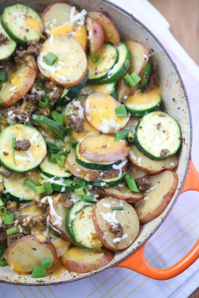 This Cheesy Southwest Beef and Potato Skillet dinner is a lifesaver for weeknights! Recipe via aggieskitchen.com