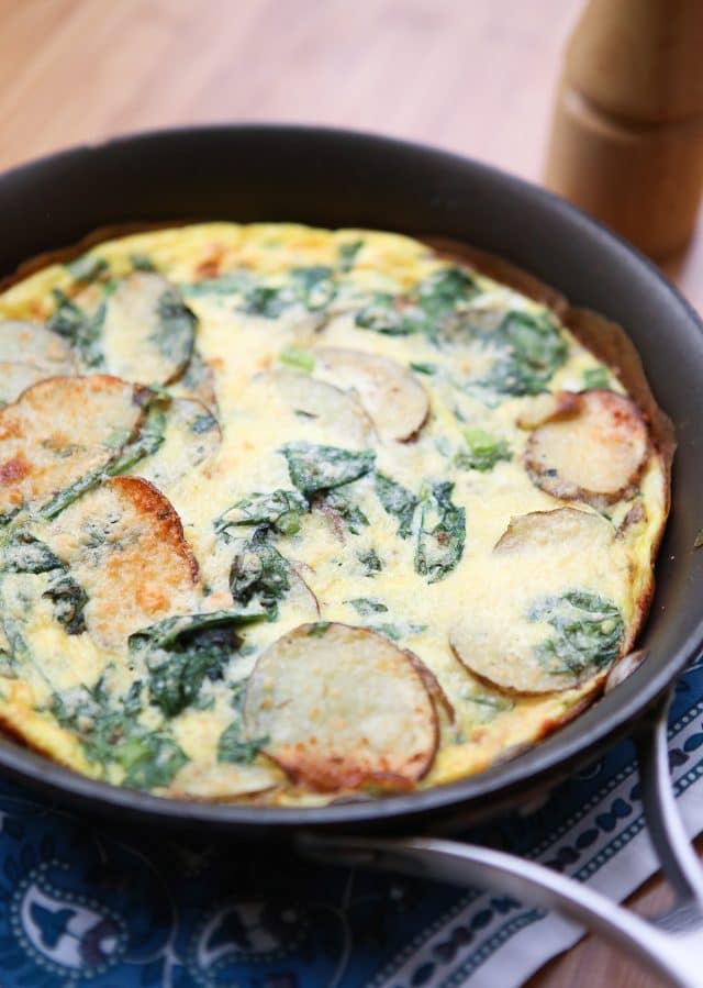 Spinach and Potato Frittata - a few simple ingredients and you have a delicious breakfast, lunch or dinner! Perfect for Meatless Monday! Recipe via aggieskitchen.com 