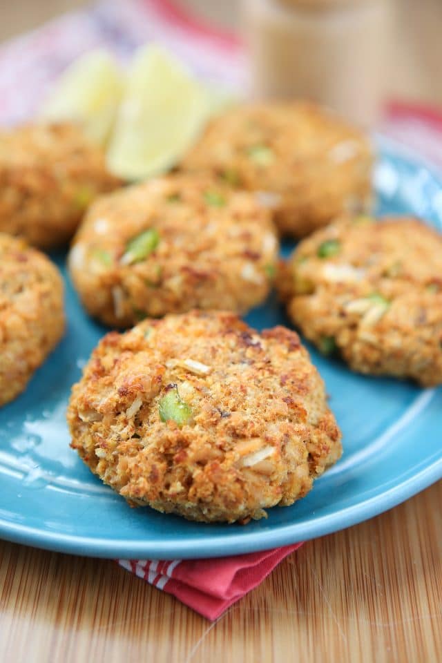 baked salmon cakes on blue plate