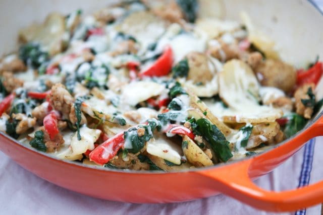 Skillet Italian Sausage and Peppers with Potatoes makes the best one-pan meal for busy weeknights! Keep it healthy by using chicken or turkey sausage. A family favorite! Recipe via aggieskitchen.com