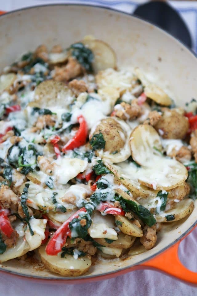 Skillet Italian Sausage and Peppers with Potatoes makes the best one-pan meal for busy weeknights! Keep it healthy by using chicken or turkey sausage. A family favorite! Recipe via aggieskitchen.com