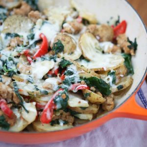 Skillet Italian Sausage and Peppers with Potatoes makes the best one-pan meal for busy weeknights! Keep it healthy by using chicken or turkey sausage. A family favorite! Recipe via aggieskitchen.com