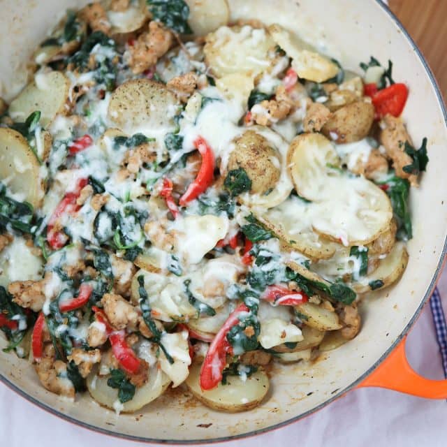 Skillet Italian Sausage and Peppers with Potatoes makes the best one-pan meal for busy weeknights! Keep it healthy by using chicken or turkey sausage. A family favorite! Recipe via aggieskitchen.com