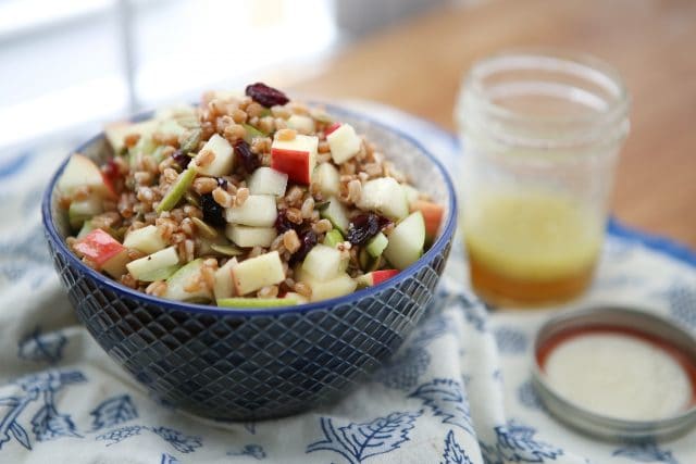 Harvest Farro Salad is chock full of goodness and so much flavor! Such a delicious vegetarian grain salad to serve over the fall and winter season. Would be a great addition to holiday potlucks too! Recipe via aggieskitchen.com