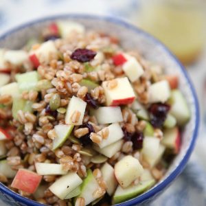 Harvest Farro Salad is chock full of goodness and so much flavor! Such a delicious vegetarian grain salad to serve over the fall and winter season. Would be a great addition to holiday potlucks too! Recipe via aggieskitchen.com