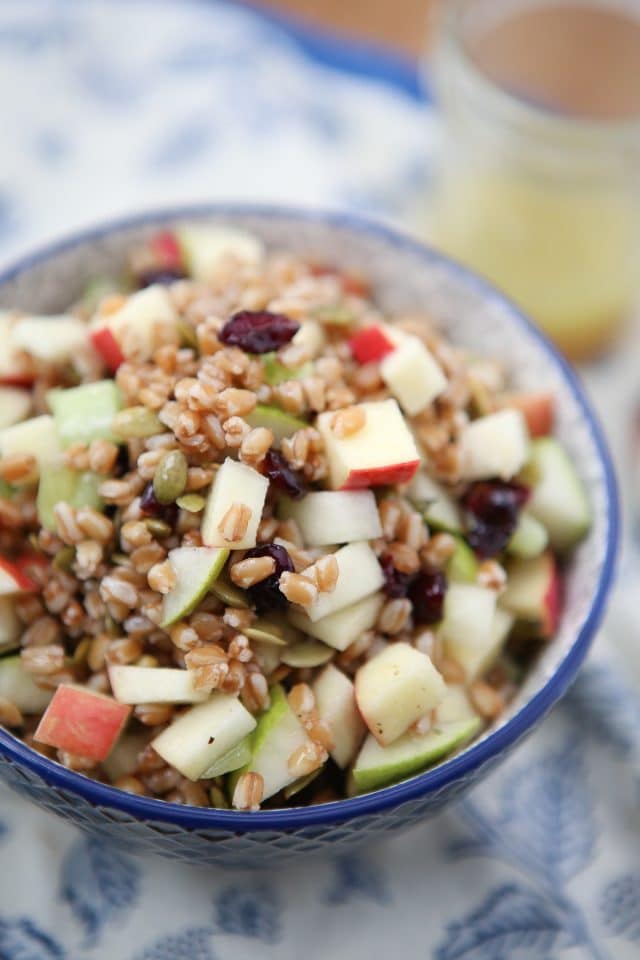 Harvest Farro Salad is chock full of goodness and so much flavor! Such a delicious vegetarian grain salad to serve over the fall and winter season. Would be a great addition to holiday potlucks too! Recipe via aggieskitchen.com