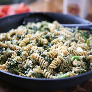 This Pesto Pasta with Turkey and Kale is a super easy weeknight meal that will get your kids eating kale! Hearty and healthy recipe via aggieskitchen.com