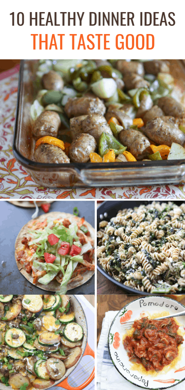 collage of photos including a casserole dish with sausage, peppers and potatoes, tostada, skillet pesto pasta, skillet zucchini and beef and potatoes, bowl of spaghetti squash with mushroom sauce