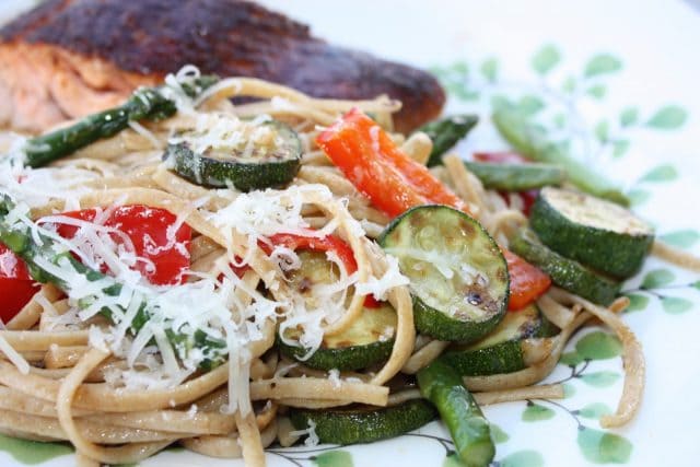 Linguine with Spring Vegetables makes a great light side pasta dish to grilled seafood or chicken, or just enjoy on it's own! I love to use whole wheat pasta for extra protein and nutrition. Recipe via aggieskitchen.com