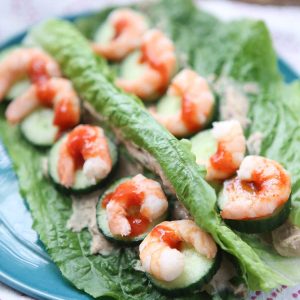 Shrimp and Hummus Lettuce Wraps are great for quick lunches or dinners - only 263 calories per serving and 21 grams of protein! Great low carb meal if you are trying to lose weight.