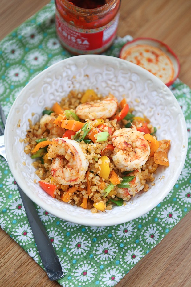Quick lunch or dinner for one! Cajun Shrimp and Cauliflower Rice Stir Fry - low carb, high protein and full in flavor. 