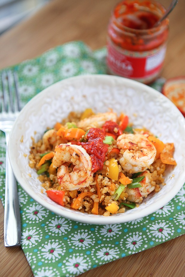 Quick lunch or dinner for one! Cajun Shrimp and Cauliflower Rice Stir Fry - low carb, high protein and full in flavor.
