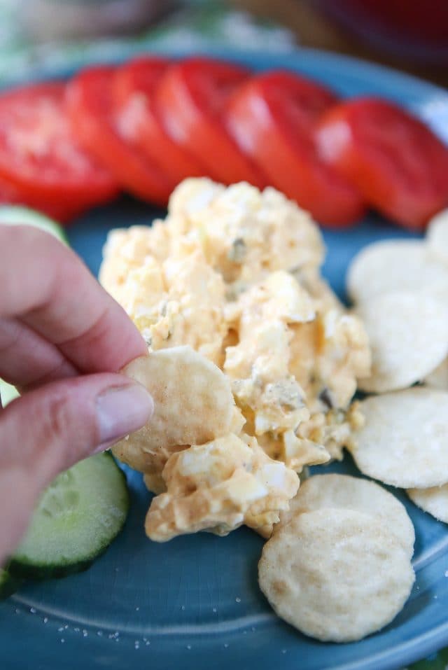 Creamy Greek Yogurt Egg Salad kicked up with smoked paprika - serve with bread, crackers or veggies for a healthy lunch or snack. Recipe via aggieskitchen.com