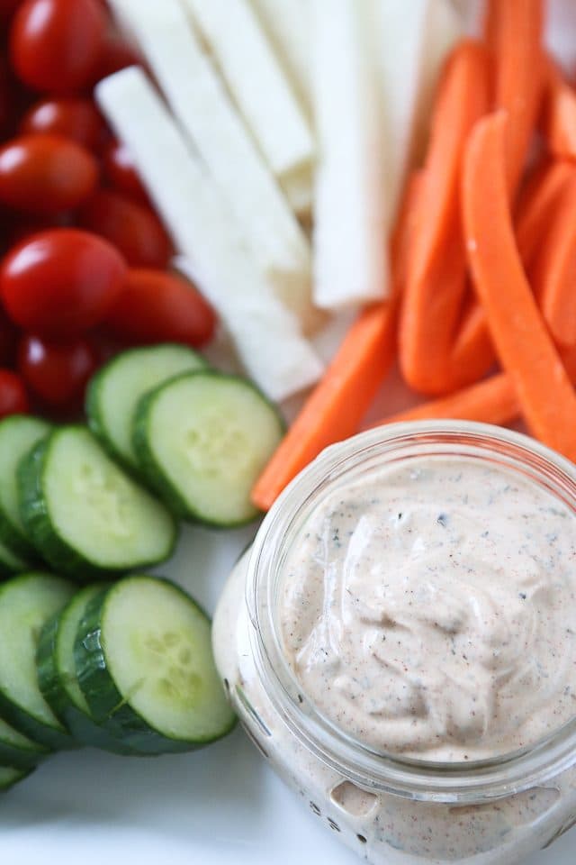 Break out the veggies and your favorite dippers for this creamy, kicked-up Chipotle Ranch Greek Yogurt Dip! Recipe via aggieskitchen.com #UndeniablyDairy